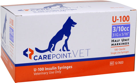 CP 12-7653 BX/100 CAREPOINT VET INSULIN SYRINGES, U-100, 3/10CC, 31G, 5/16IN (8MM) W/ HALF UNIT MARKINGS