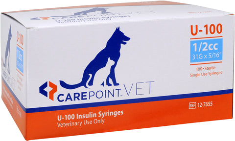 CP 12-7655 BX/100 CAREPOINT VET INSULIN SYRINGES, U-100, 1/2CC, 31G, 5/16IN (8MM)