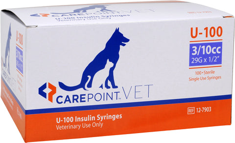 CP 12-7903 BX/100 CAREPOINT VET INSULIN SYRINGES, U-100, 3/10CC, 29G, 1/2IN (12MM)